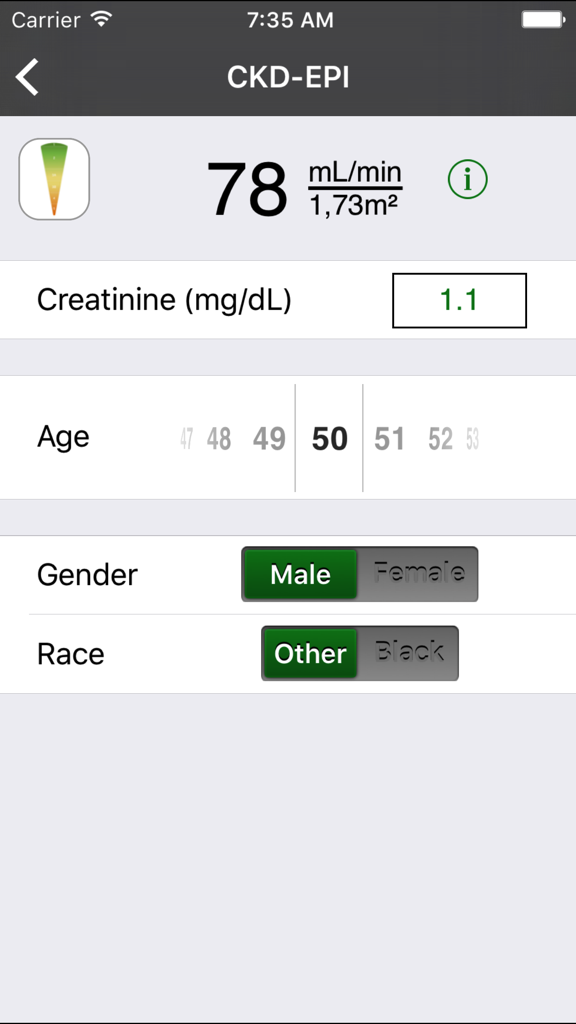 Interface do aplicativo NefroCalc mostrando um resultado de taxa de filtração glomerular calculado com a fórmula CKD-EPI