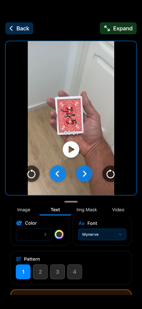 OmniReveal - The text prediction editing interface of the OmniReveal magic app showing a playing card video.