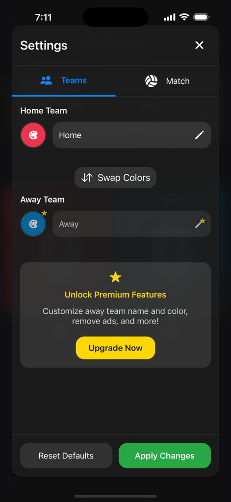 Schermata delle impostazioni di VolleyTally per personalizzare nomi e colori delle squadre di casa e fuori casa