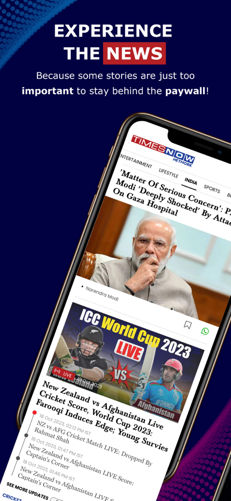 Times Now Network App-Anzeige mit indischen politischen Nachrichten und Live-Cricket-Updates