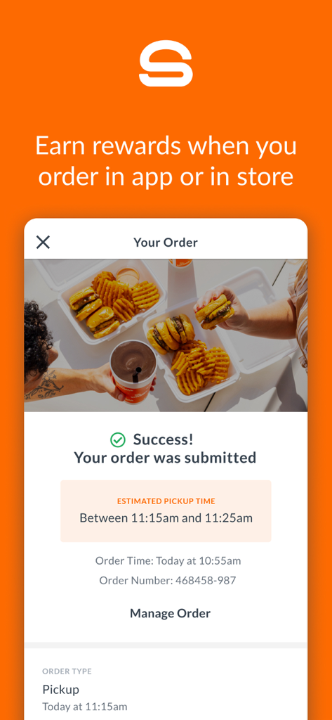 Smalls Sliders - Écran de confirmation de commande de l'application Smalls Sliders montrant la soumission réussie et l'heure de retrait estimée
