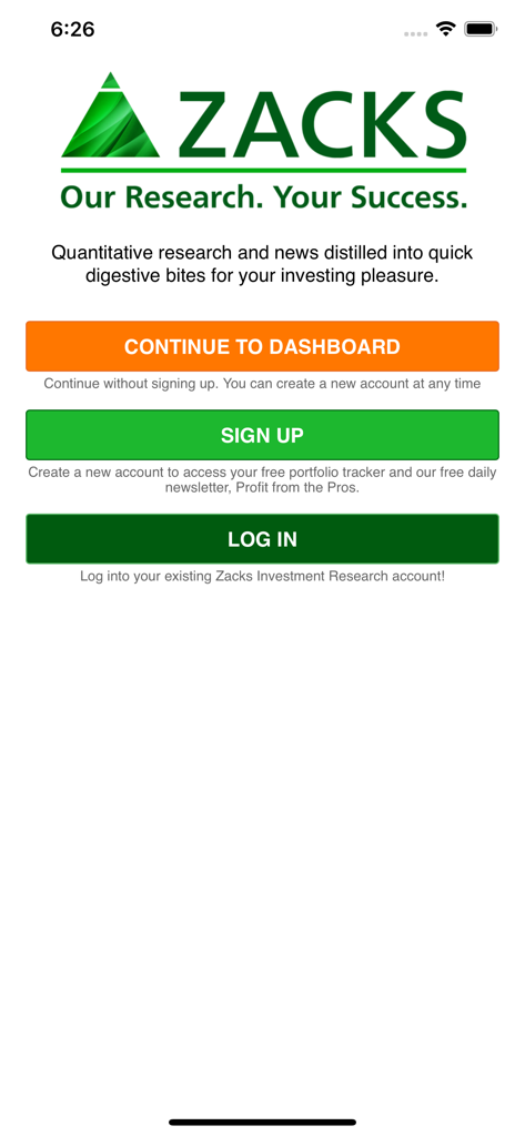 Zacks Mobile App - Zacks Mobile App welcome screen featuring the company logo and buttons to continue to dashboard sign up or log in