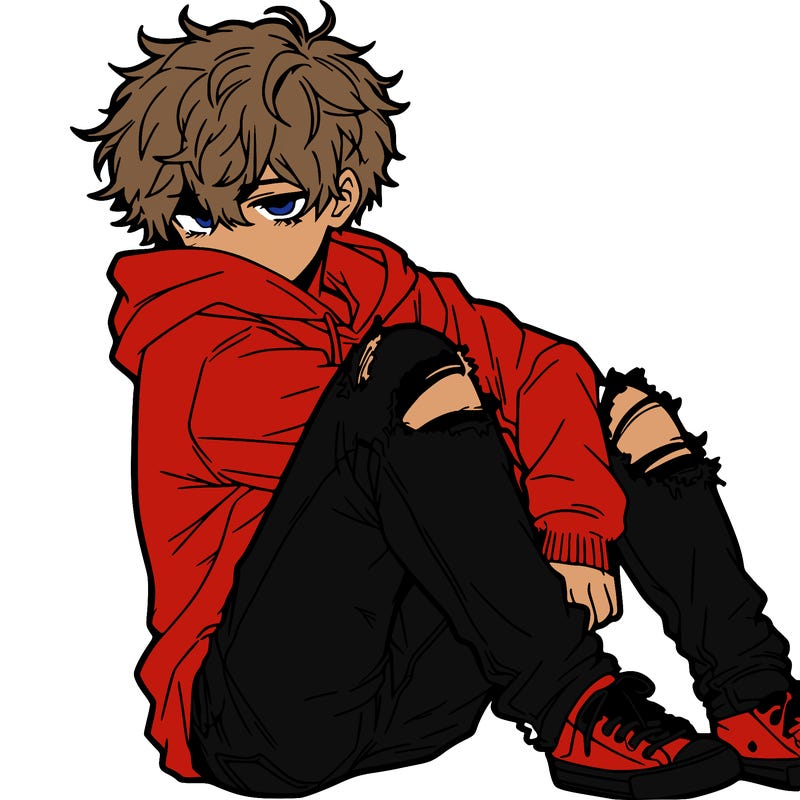a male hoddie ripped jeans messy hair anime