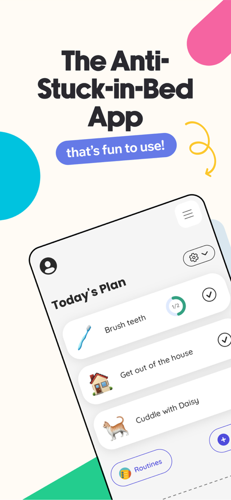 Shmoodyアプリのインターフェース。歯を磨く、家を出るなどのタスクを含むシンプルな毎日のセルフケアプランを表示しています。