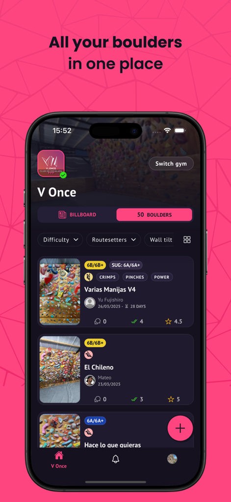 Boulder Creator - A mobile app interface showing a list of bouldering routes with difficulty ratings, style tags, and photos for a specific climbing gym.