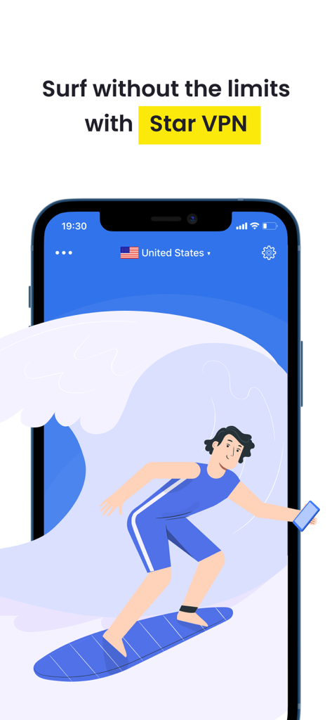 Star VPN - Super Fast Proxy - Illustration of a person surfing on a wave inside an iPhone screen with the text Surf without the limits with Star VPN