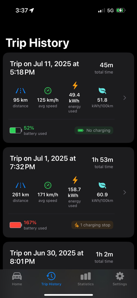 Watt Tracker - Watt Tracker app Trip History screen displaying distance speed energy consumption and battery usage for electric vehicle journeys