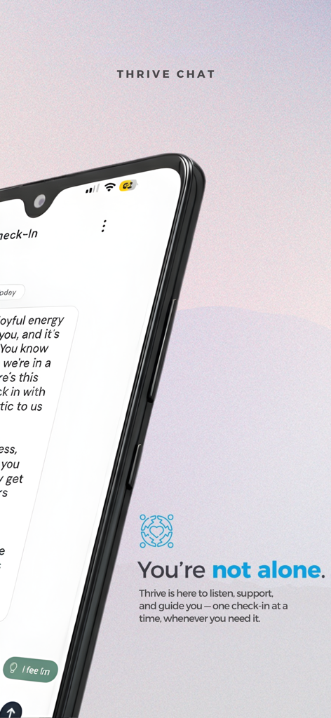 Thrive AI — Your daily guide - Thrive AIアプリのインターフェース。Thrive Chat機能とサポートメッセージを表示。