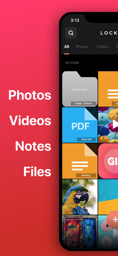 Interface of the Locker app showing organized private folders, PDF files, notes, and photos in a secure vault.