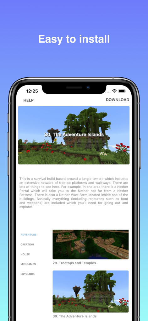Pantalla de smartphone mostrando la interfaz de la aplicación Mapas para Minecraft PE con los detalles del mapa de Islas de Aventura y un mensaje de fácil instalación.