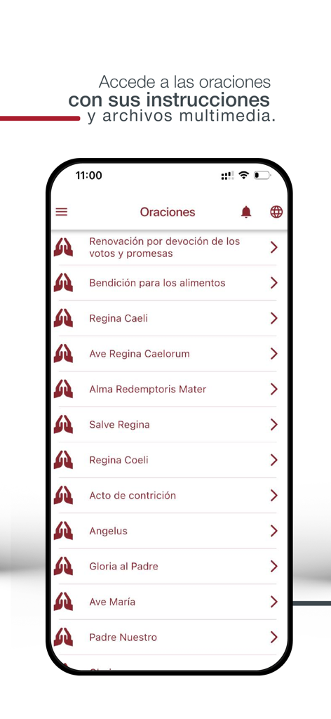 A list of Catholic prayers on the Consagradas Regnum Christi mobile app interface