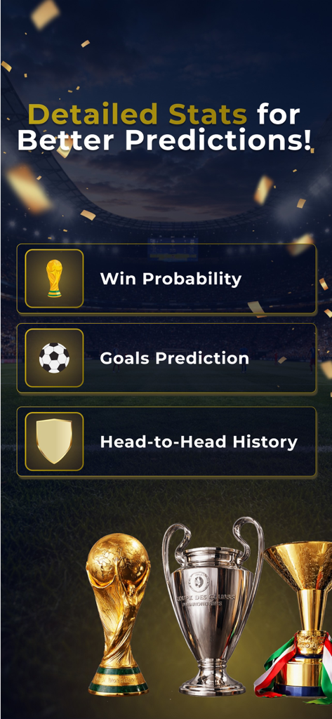 Soccer Predictions AI & Tips - Captura de tela mostrando recursos de previsão de futebol, incluindo probabilidade de vitória, previsão de gols e estatísticas de histórico de confrontos diretos.