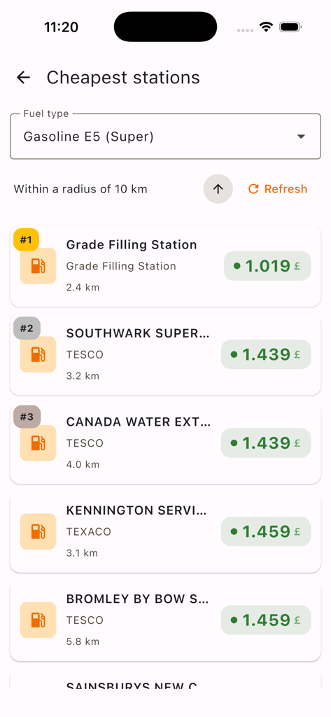 Gasolino - Cheap Gas Prices - Gasolino app screenshot showing a list of the cheapest gasoline stations with real time prices and distances