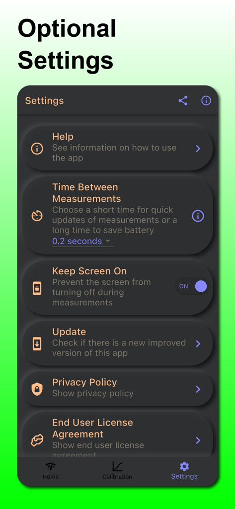 Pantalla de configuración de la aplicación Espectrómetro de Luz Longitud de Onda mostrando opciones para la frecuencia de medición y los controles de visualización