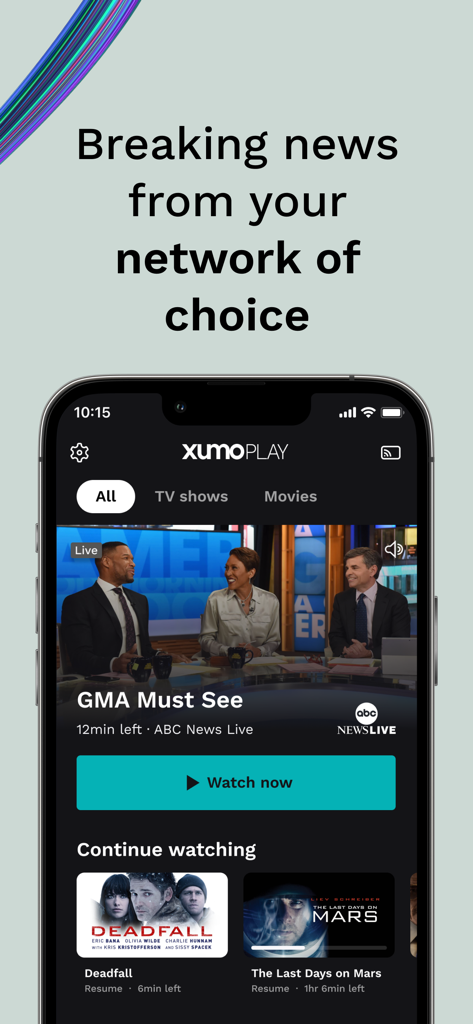 Xumo Play app interface on an iPhone featuring a live news broadcast and a continue watching section for movies