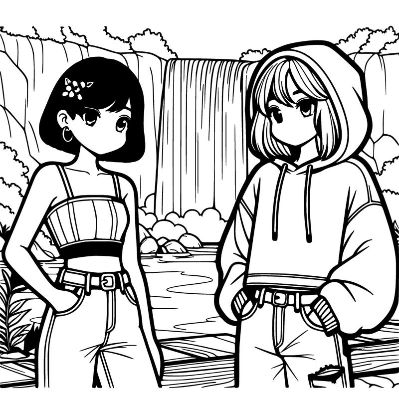 2 girls one with a crop top and jeans with short hair and the other has jeans and an oversized hoodie on with long hair. there is a waterfall in the background