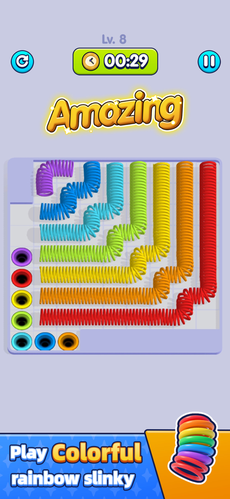 A gameplay screenshot of Slinky Go showing colorful rainbow slinky springs arranged on a puzzle board with an Amazing text overlay