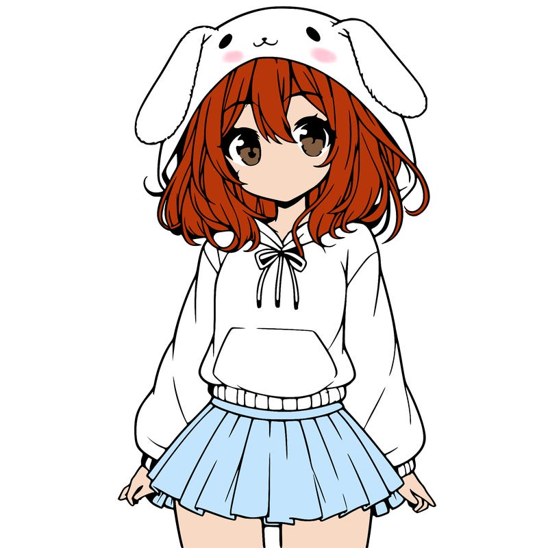 pretty anime girl wearing a fluffy hoodie with bunny ears on the hood and a skirt