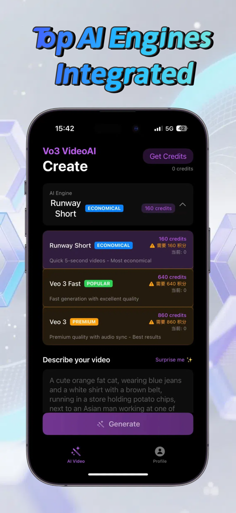 Vo3 AI Video Generator - Screenshot of the Vo3 AI Video Generator app interface showing multiple AI engines like Runway and Veo 3 available for selection.