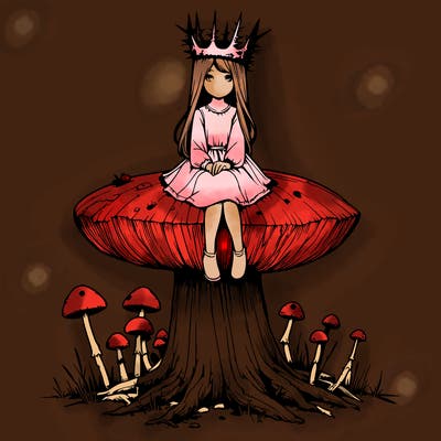 realistic girl sitting on a huge tree stump size toadstool with thorn crown