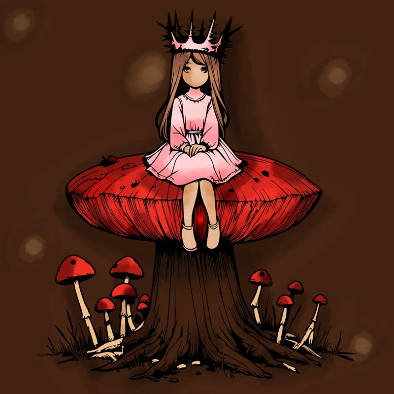 realistic girl sitting on a huge tree stump size toadstool with thorn crown