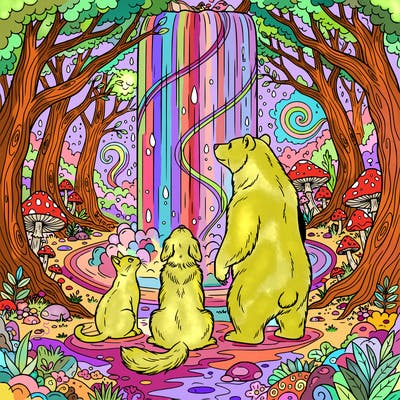 a cat a dog and a bear standing under a magical waterfall in an enchanted forest