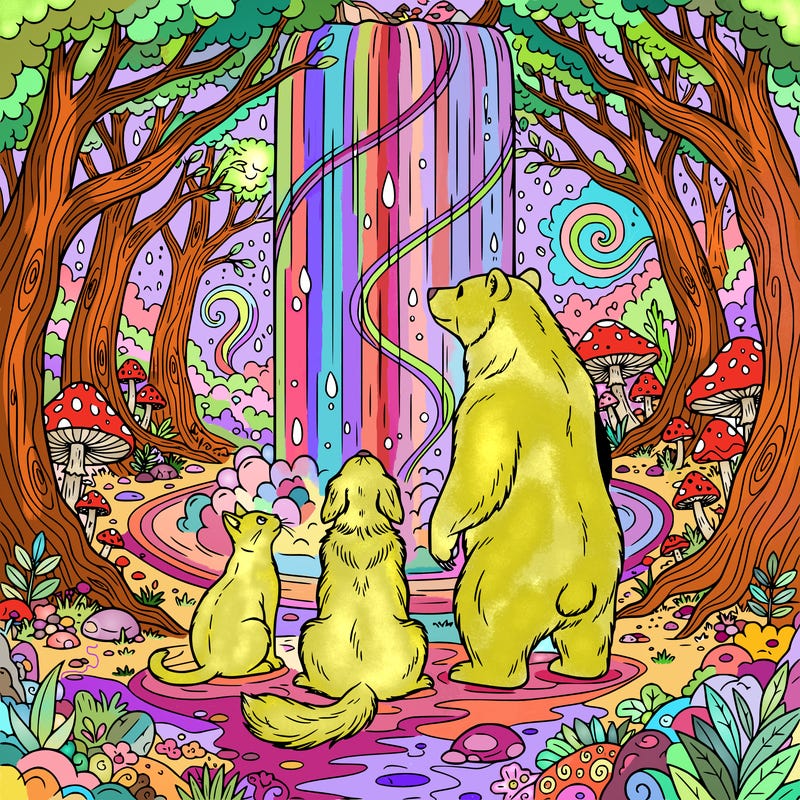 a cat a dog and a bear standing under a magical waterfall in an enchanted forest