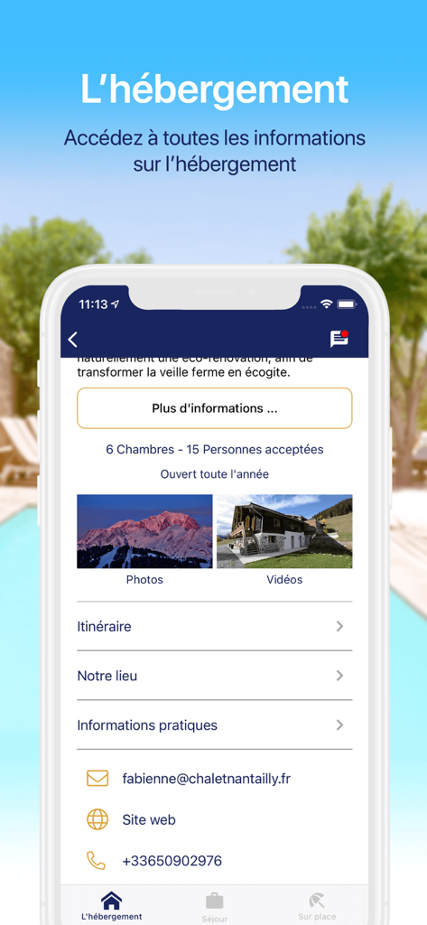Happy House - A luxury mountain chalet listing on the Happy House app showing property details for group travel and seminars