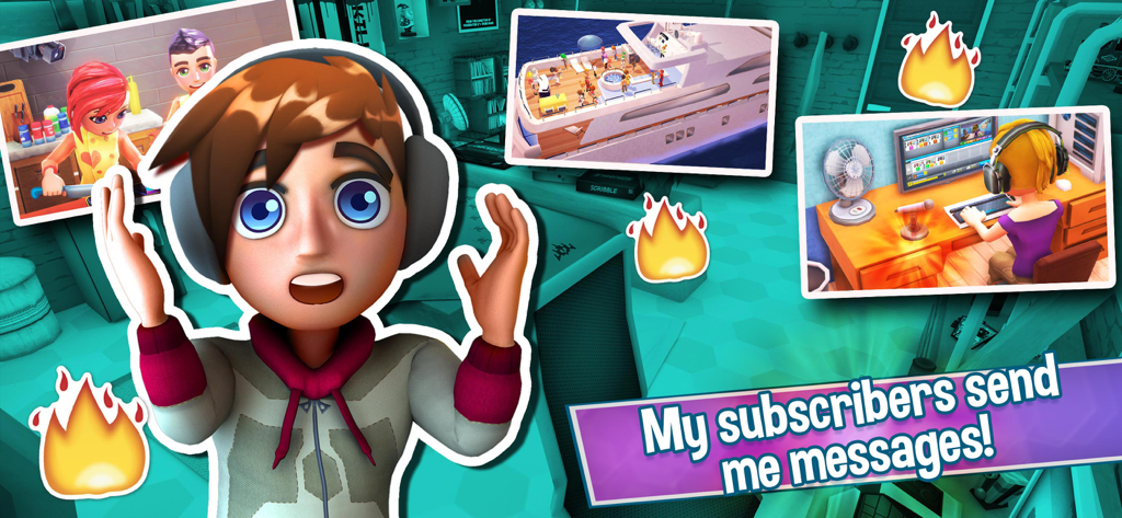 Youtubers Life: Gaming Channel - A surprised YouTuber character in the Youtubers Life game surrounded by scenes of a luxury yacht and a gaming workspace