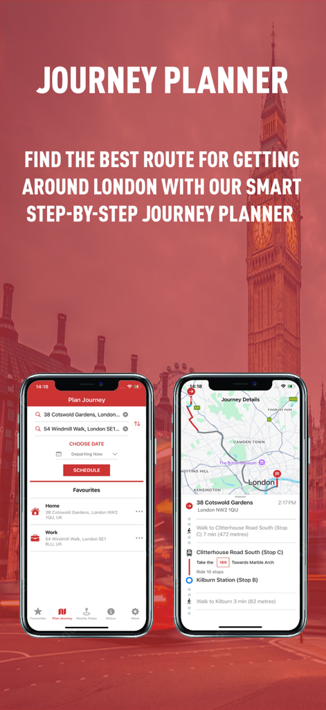 Interface do planejador de rotas do aplicativo London bus times no iPhone mostrando navegação passo a passo e um mapa