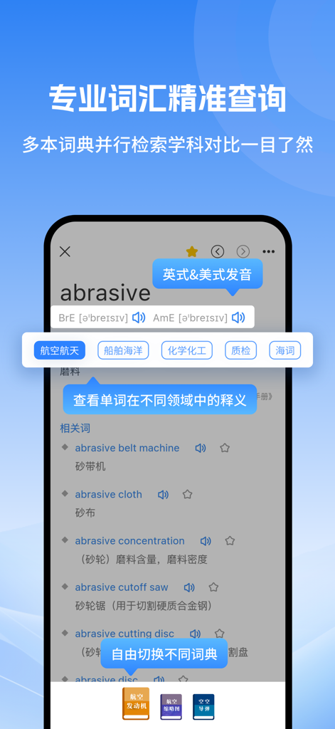 科技大词典-理工科学生、科研和科技工作者必备词典 - Interface do aplicativo móvel Great Dictionary of Science and Technology mostrando busca de vocabulário profissional em diferentes disciplinas científicas.