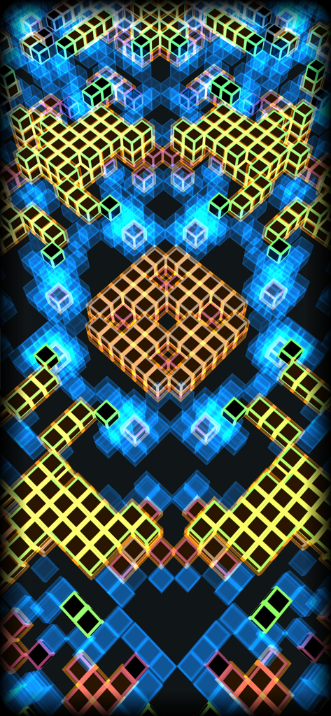 Simulazione simmetrica di automi cellulari 3D che mostra complessi modelli cubici luminosi.