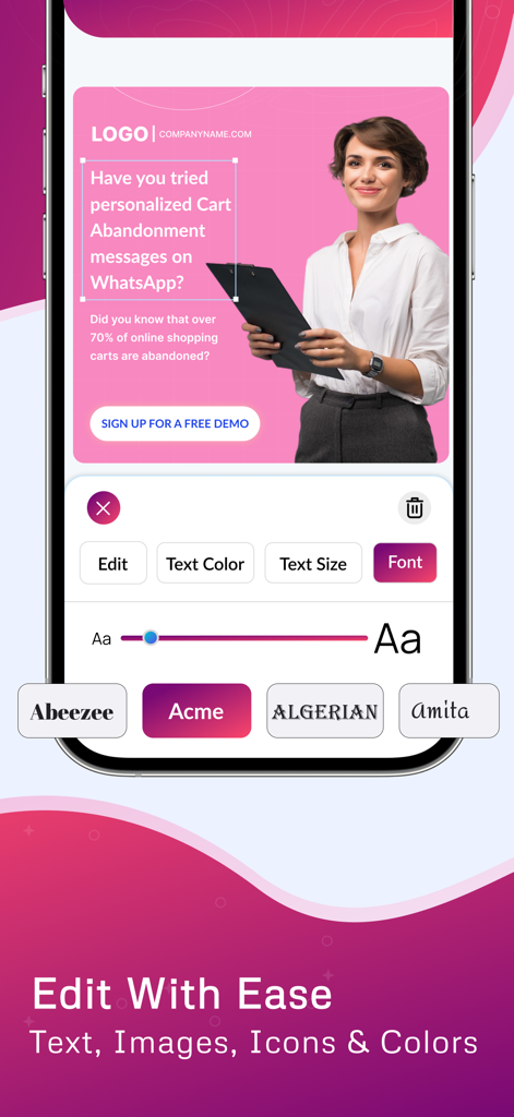 AI Flyer Maker + Poster Maker - Mobile app interface showing text customization tools for a flyer design including font and size options.