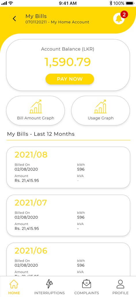 My Leco App - My Leco App billing history dashboard showing account balance and monthly usage records