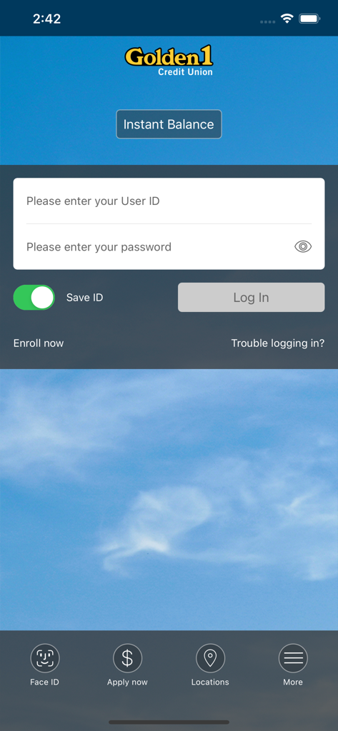 Golden 1 Mobile banking app login interface with user ID and password fields