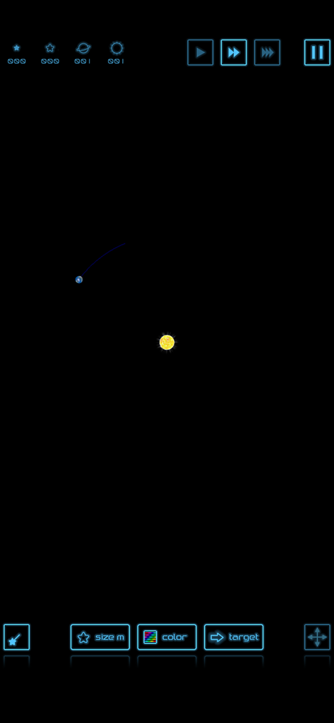 Simulação de gravidade mostrando um planeta azul a orbitar um sol amarelo.