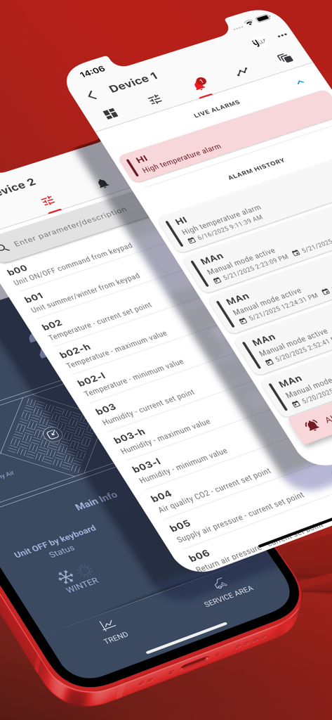 Carel Applica - Carel Applica app screens showing HVAC controller parameter management and live alarm history on a smartphone