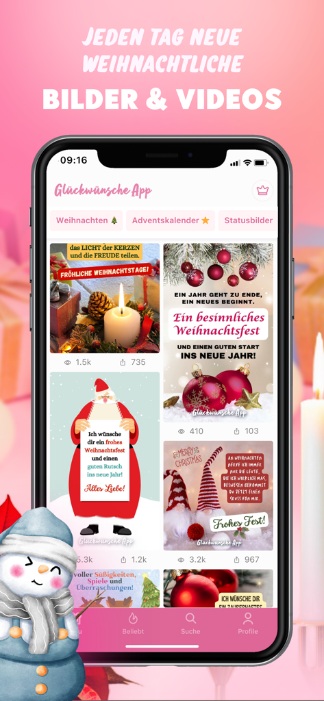 Congratulations Videos & Pics - Mobile app interface displaying a collection of Christmas themed greeting cards and videos