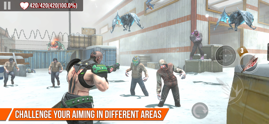 A heroic character aiming a weapon at ground and flying zombies in a snowy industrial area