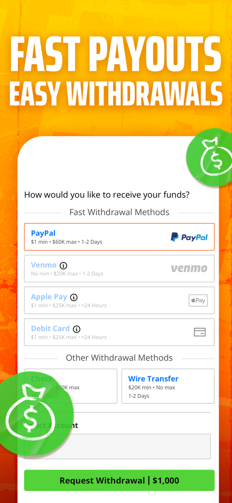 Pick6 DraftKings Fantasy Picks - DraftKings Pick6 app screen showing withdrawal options including PayPal, Venmo, and Apple Pay for fast payouts.