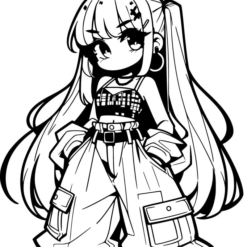 cute anime bad girl with baggy pants and crop top