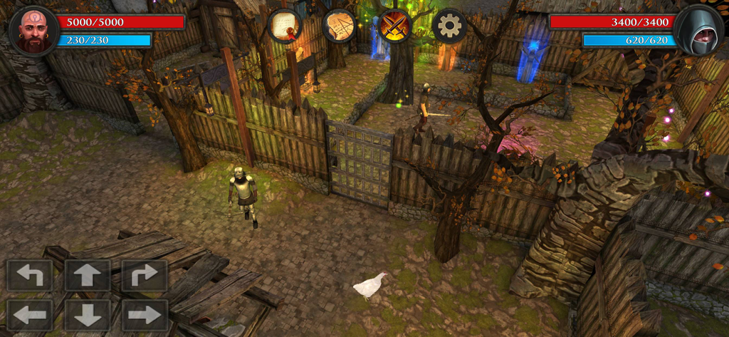 3D-Gameplay-Szene aus dem Moonshades Dungeon Crawler mit einem Charakter auf einem befestigten Dorfplatz mit RPG-Bedienelementen auf dem Bildschirm.