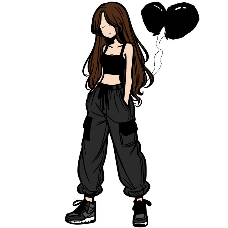 girl in baggy pants crop top and long hair