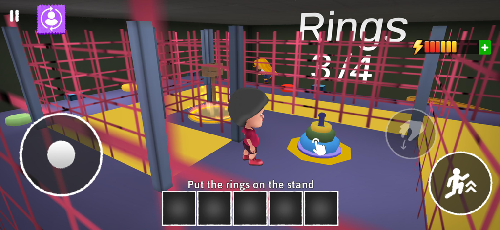 A character solving a ring stack puzzle in a School Breakout level
