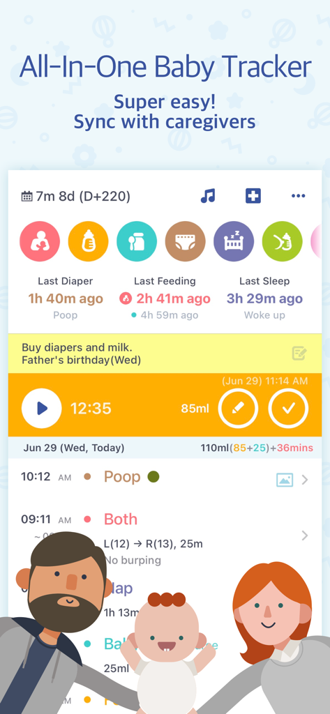 BabyTime app dashboard showing logs for feeding sleep and diaper changes with caregiver sync feature