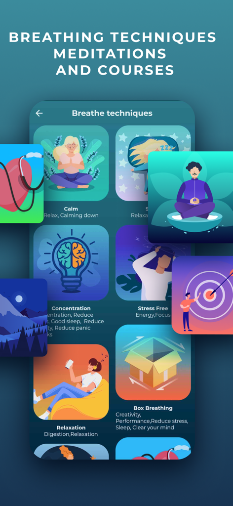 Healing Sounds- Sound Therapy - Interface of the Healing Sounds app showing various breathing techniques and meditation courses like Box Breathing and Stress Free.