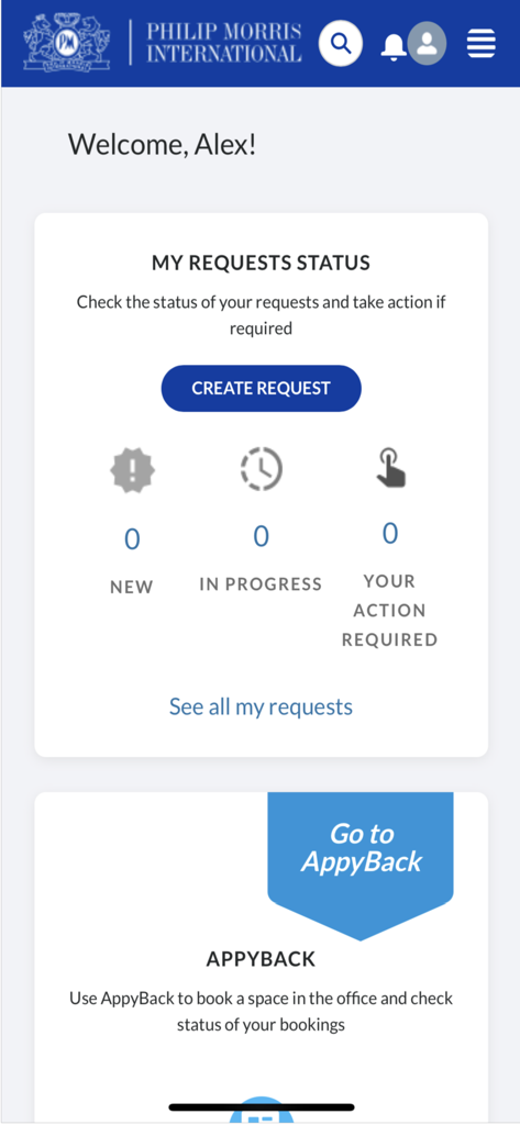 My-PMI - Dashboard of the My PMI employee portal app showing request status and office space booking