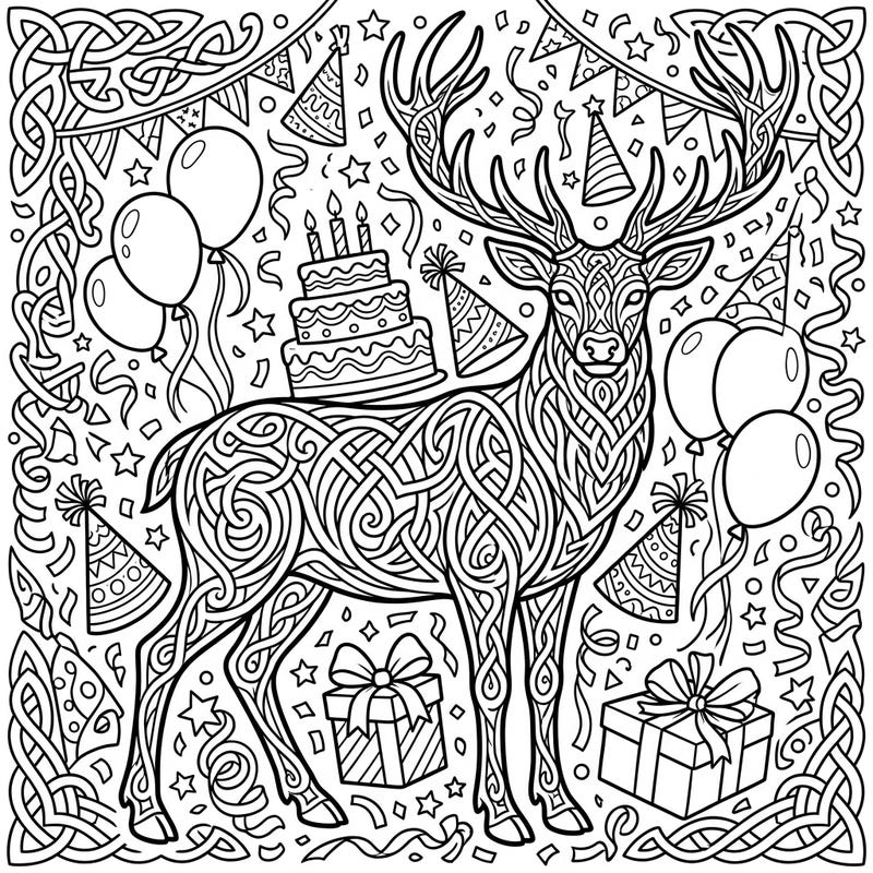 Unleash your creativity with this unique Celtic Stag Knots birthday coloring page, blending ancient symbolism with festive cheer. It's the perfect way to relax and celebrate, offering hours of intricate coloring fun for all ages.