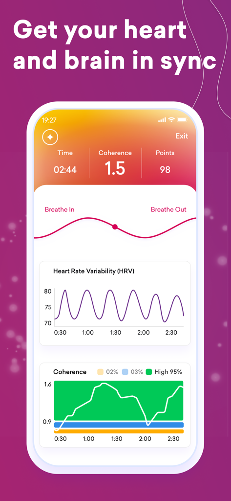 Interfaz de la aplicación HeartMath que muestra la variabilidad de la frecuencia cardíaca y las métricas de coherencia en tiempo real.