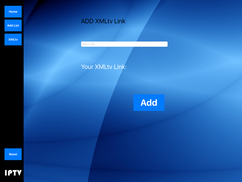 Iptv HD - Interface of the Iptv HD app showing the Add XMLtv Link screen with a URL input field and menu sidebar.